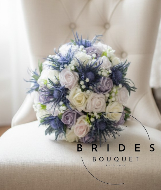 scottish thitsle rose and gyp wedding bouquets sea holly ergynium blue