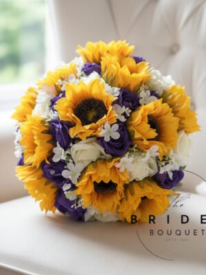 Sunflower bridal bouquet with roses and gypsophila artificial wedding flowers UK