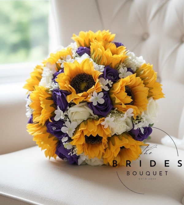 silk sunflowers artificial rose and gyp bridal bouquets any colours Sunflower bridal bouquet with roses and gypsophila artificial wedding flowers UK