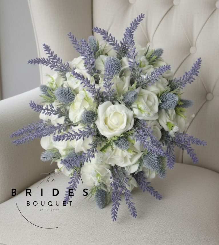 thistle rose and heather artificial brides flowers uk wedding bouquets custom colours Scottish bridal bouquet with artificial thistles heather and roses