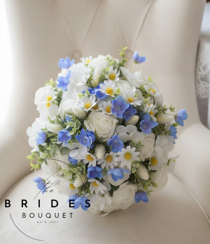 wildflower bridal bouquet of artificial flowers roses daisy harebells thistles