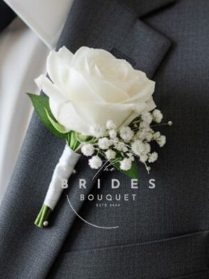 Gypsophila silk rose buttonhole with ribbon wrapped stem