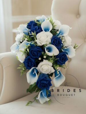 Small bridal teardrop bouquet with artificial roses and real touch calla lilies in wedding colours