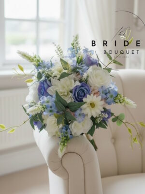 Summer bridal bouquet ready to ship in pastel pink, blue, lilac and ivory silk flowers