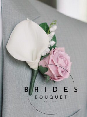 Wedding buttonhole with rose calla lily and lily of the valley in personalised wedding colours