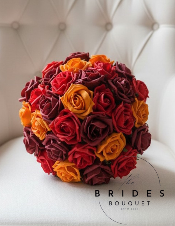 artificial rose wedding bouquet autumn theme colours orange red burgundy classic roses brides flowers Autumn themed wedding bouquet with orange, red and burgundy artificial foam roses