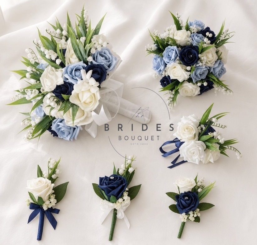 artificial wedding flower package roses lily ot the valley and filler flower bride bridesmaids flower girl and buttonholes
