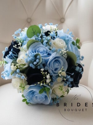 Navy and baby blue silk wedding bouquet with ivory roses something blue bouquet