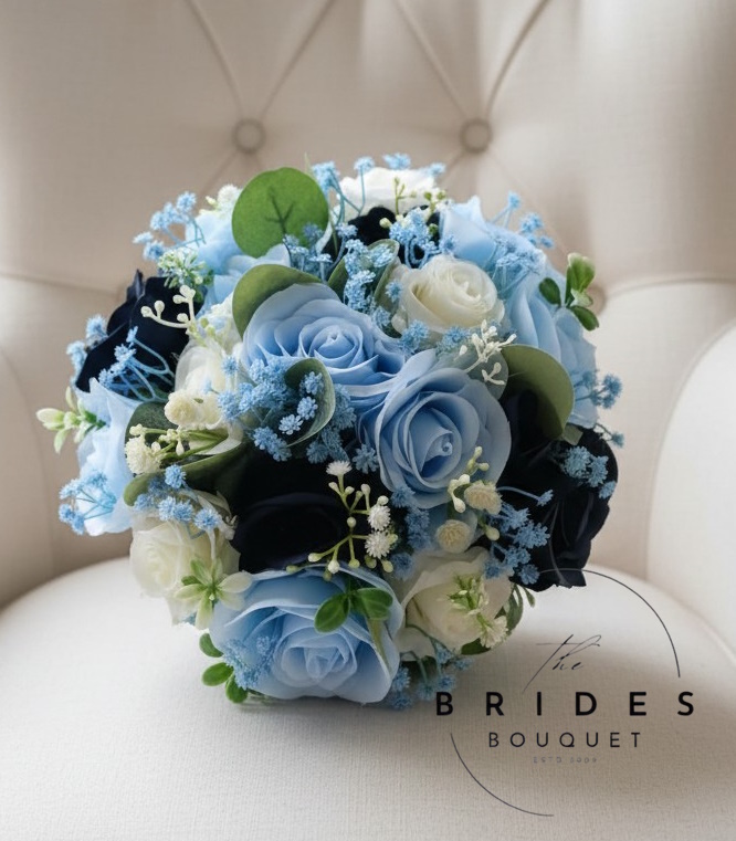 blue silk rose wedding bouquet bleu navy baby blue ready to ship bridal posy Navy and baby blue silk wedding bouquet with ivory roses something blue bouquet