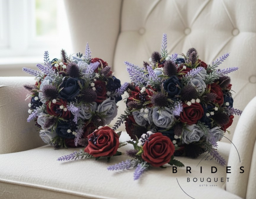 bridal flower set with roses thistles and heather bride bridesmaid and buttonholes