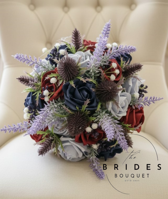 bridesmaids bouquets thistle heather roses and berry scottish bridal flowers burgundy navy dusty blue example