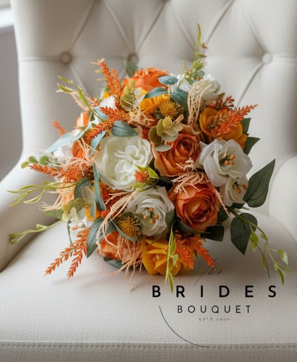 burnt orange and mustard autumn themed ready made bridal bouquet silk flowers Burnt orange ready to ship bridal bouquet