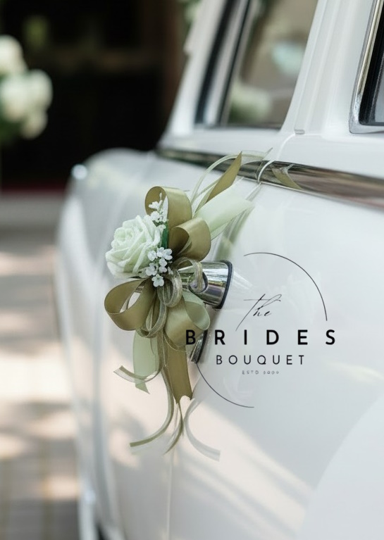 car flowers for weddings handle ribbon arrangement Bridal car floral bow decorations with ribbon detail