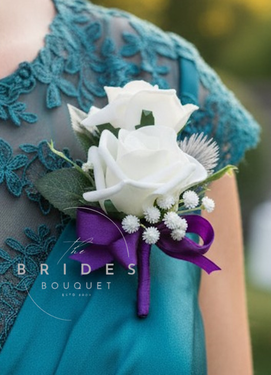 double artificial rose wedding buttonhole corsage with thistle and baby breath Scottish thistle wedding buttonhole with double artificial roses, gypsophila and ribbon including tartan