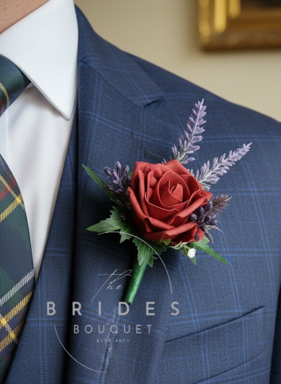 grooms buttonhole thistle rose heather and berry wedding corsage burgundy and purple example