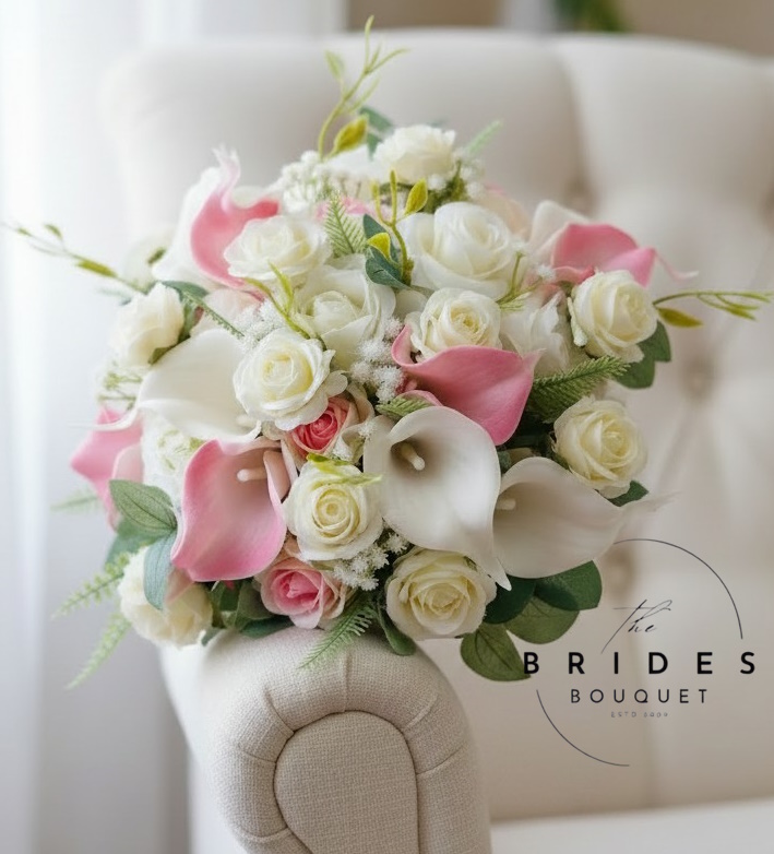 pastel pink artificial calla lilhy rose wedding bouquet for bride last minute wedding flowers uk