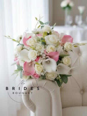 Pink and cream silk wedding bouquet with real touch calla lilies ready to ship
