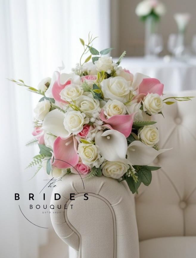 pink cream artificial wedding bouquet ready to ship Pink and cream silk wedding bouquet with real touch calla lilies ready to ship