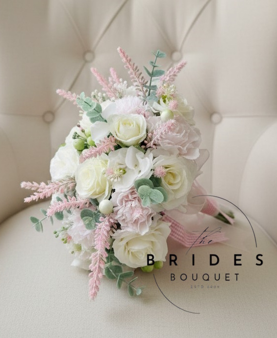pink themed ready to ship wedding bouquet with gingham ribbon