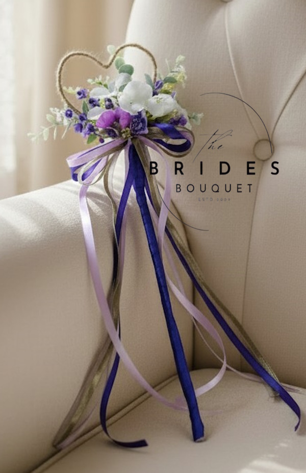 purple themed flower girl heart wand with bluebells hydrangea foliage boho wand ready to ship Purple boho wedding flower wand with bluebells, hydrangeas, frosted eucalyptus and ribbon roses