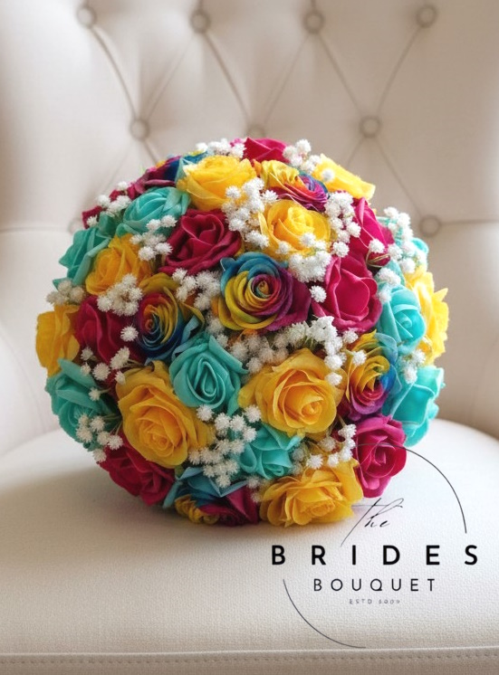 rainbow rose artificial bridal bouquet uk wedding flowers bright colourful ready to ship bouquet Rainbow wedding bouquet ready to ship with rainbow roses, colourful artificial flowers and white gypsophila