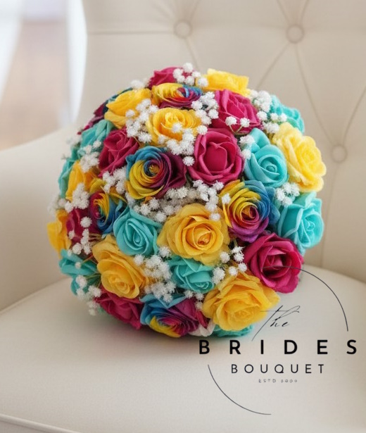 silk rainbow rose bright coloured wedding bouquet lgbt bridal flowers