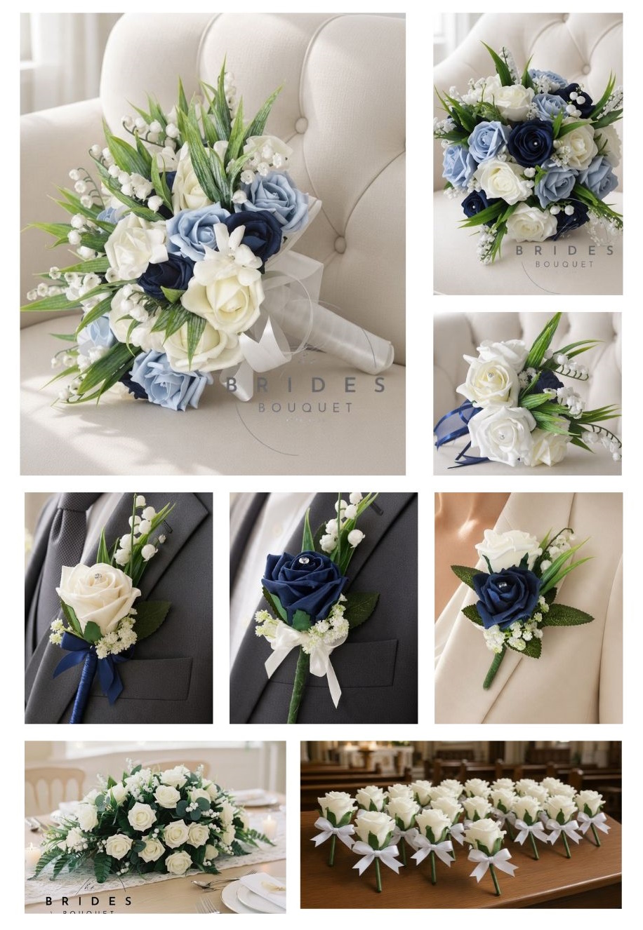 wedding flower package luxury 39 piece any colour rose and lily of the valley wedding bouquet and buttonhole set with table arrangement