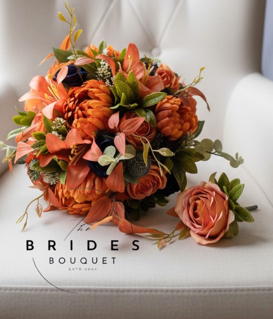 autumn wedding flower set burnt orange and navy bouquet and buttonhole artifiicla