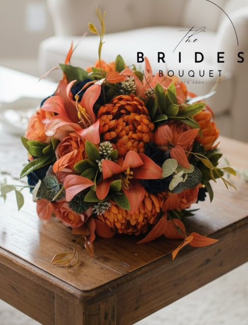 burnt orange and navy blue autumn theme silk wedding bouquet with buttonhole
