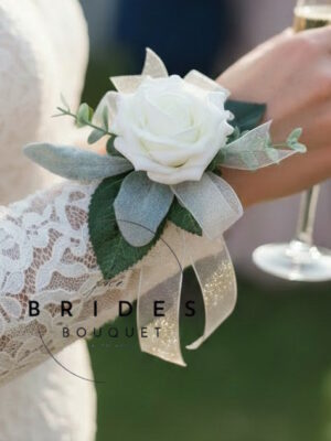 Rose and lambs ear wrist corsage with eucalyptus and gypsophila