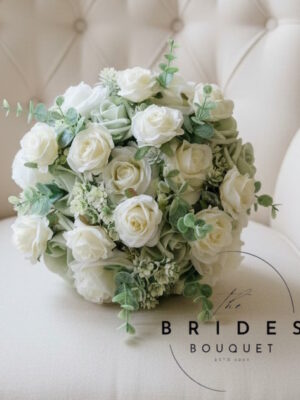 Sage green and ivory faux rose bridal bouquet with eucalyptus