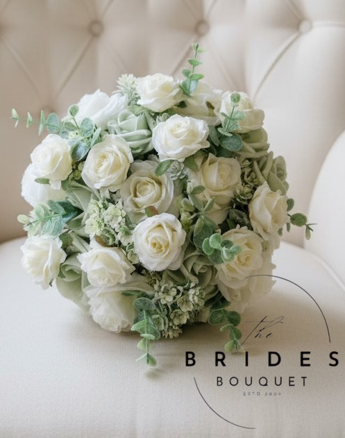 pale sage and ivory silk wedding bouquet ready to ship brides flowers Sage green and ivory faux rose bridal bouquet with eucalyptus