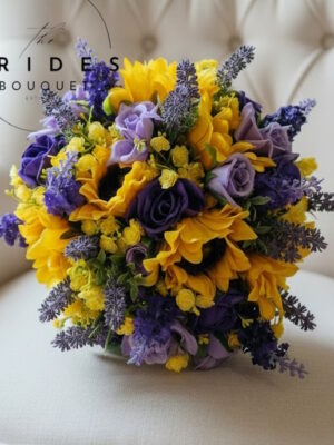 Purple rose and sunflower wedding bouquet with lavender
