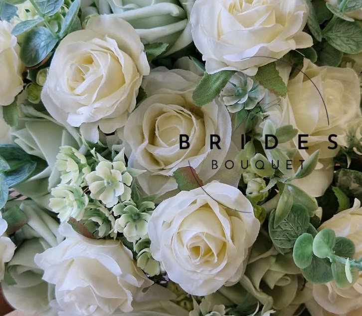 sage green and ivory silk wedding bouquet close up ready to ship
