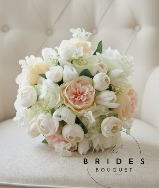 bridal bouquet of peachy pink ivory rose wedding bouquet ready to ship brides flowers with tulips Peach pink and ivory bridal bouquet with silk roses, tulips and ranunculus