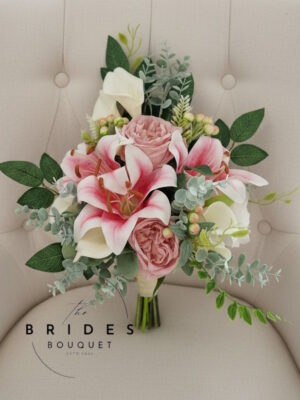Pink artificial bridal bouquet with oriental lilies, ivory calla lilies and silk roses