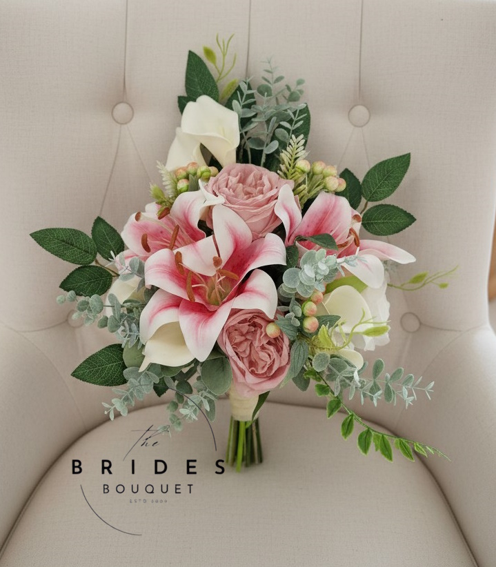 dusky pink silk rose oriental lily modern bridal bouquet with foliage calla lily and roses ready to ship Pink artificial bridal bouquet with oriental lilies, ivory calla lilies and silk roses