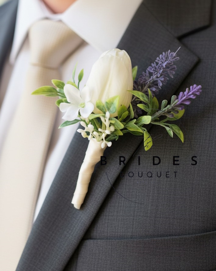 grooms men style buttonhole tulip and lavender silk wedding flowers for guests
