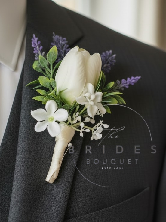 grooms tulip and lavender wedding buttonholes uk artificial flowers for weddings corsage Artificial tulip and lavender wedding buttonhole in a choice of colours