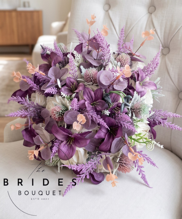 ivory mauve thistle rose heather wedding bouquet ready to ship uk bridal flowers Ivory and mauve silk wedding bouquet with matching buttonhole