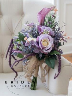 Mauve silk rose and calla lily bridal bouquet with purple amaranthus