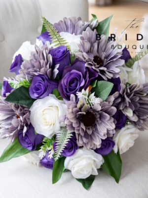 Purple silk rose and dusty lilac gerbera wedding bouquet