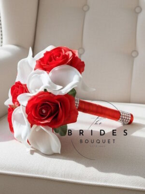 Silk rose and real-touch calla lily bridal bouquet with diamante trimmed handle