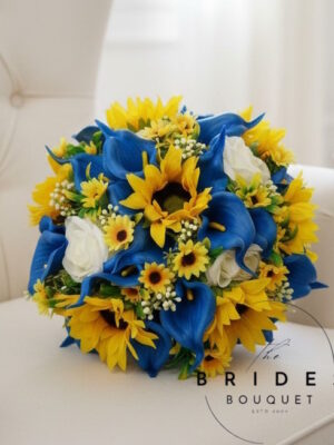 Sunflower and rose bridal bouquet with royal blue calla lilies ready to ship