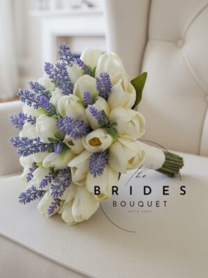 Silk tulip and lavender artificial bridal wedding bouquet