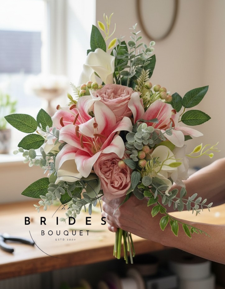 silk wedding bouquet of oriental pink lily dusky pink silk roses calla lily and foliage ready to ship Ready-made pink bridal bouquet with lilies, roses, calla lilies and foliage