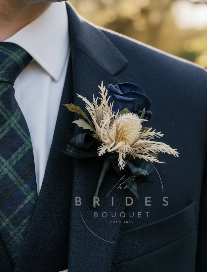 thistle and rose wedding buttonhole artificial scottish cream thistle with any colour rose grooms flower pin