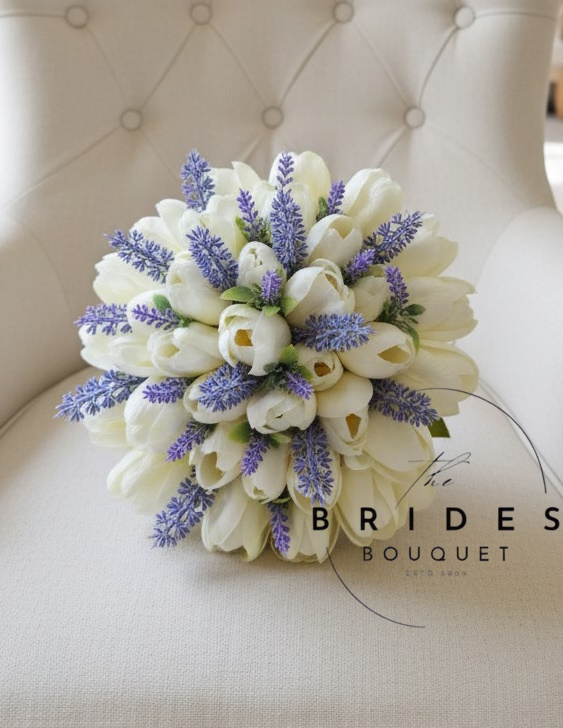 tulip and lavender silk wedding bouquet by the brides bouquet uk Artificial silk tulip bridal bouquet with lavender