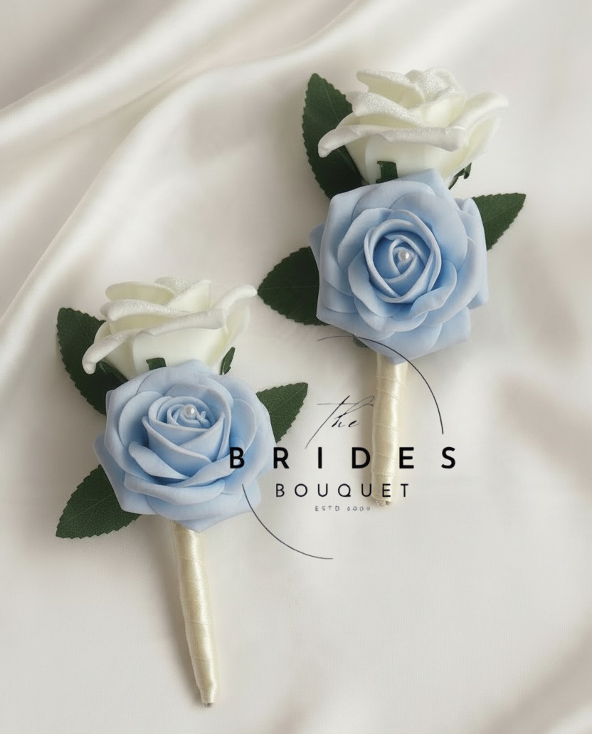 2 double rose buttonhole set in any colours with ribbon stems mother of bride and groom
