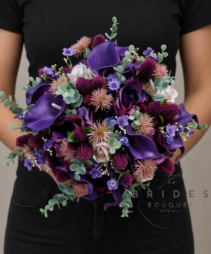 amethyst jewelled toned winter wedding bouquet by the brides bouquet uk ready to ship